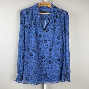 Ann Taylor Blouse Top Womens XXL Blue Black Floral Long Sleeve Lined